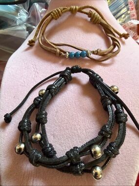 Boho Multi-Strand Leather Bead Bracelets X2 Set, (J0295)